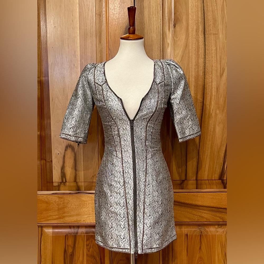 NWT mbyM - Cilla, Zippered Mini Dress/Textured Metallic Silver Confetti Color XS